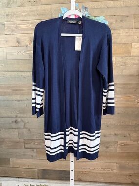 Lauren Ralph Lauren Women's Navy and White Open Cardigan size small